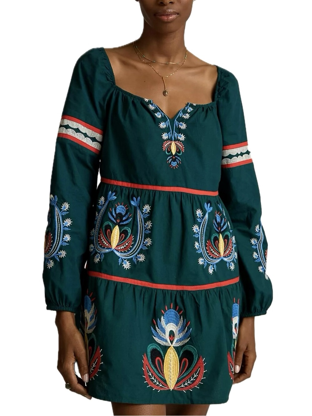Anthropologie Let Me Be Embroidered Tunic Babydoll Dress Size Small Dark Green